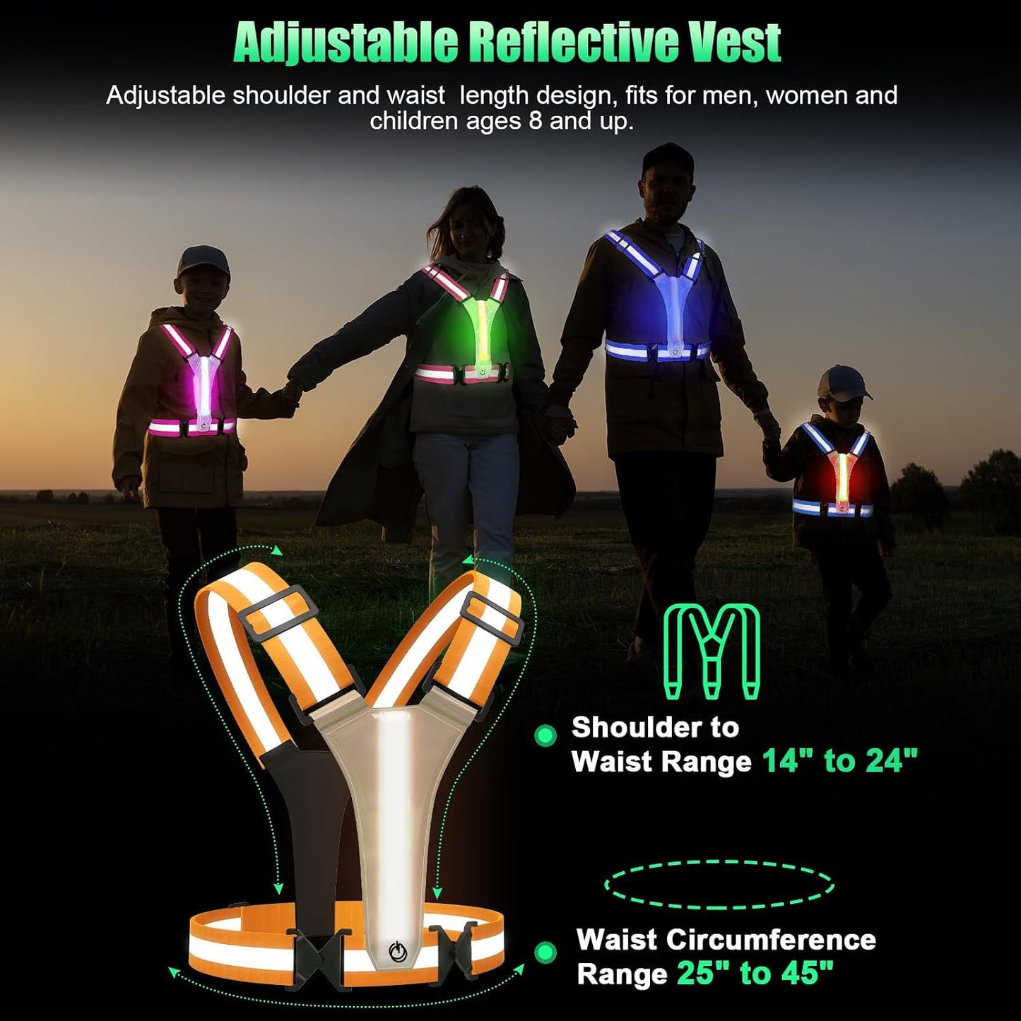 Rechargeable LED Reflective Running Vest, Adjustable High Visibility Safety Gear for Night Walking, Cycling, Jogging and Exercise, Orange