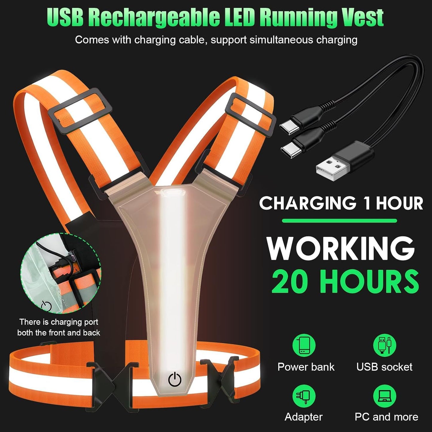 Rechargeable LED Reflective Running Vest, Adjustable High Visibility Safety Gear for Night Walking, Cycling, Jogging and Exercise, Orange