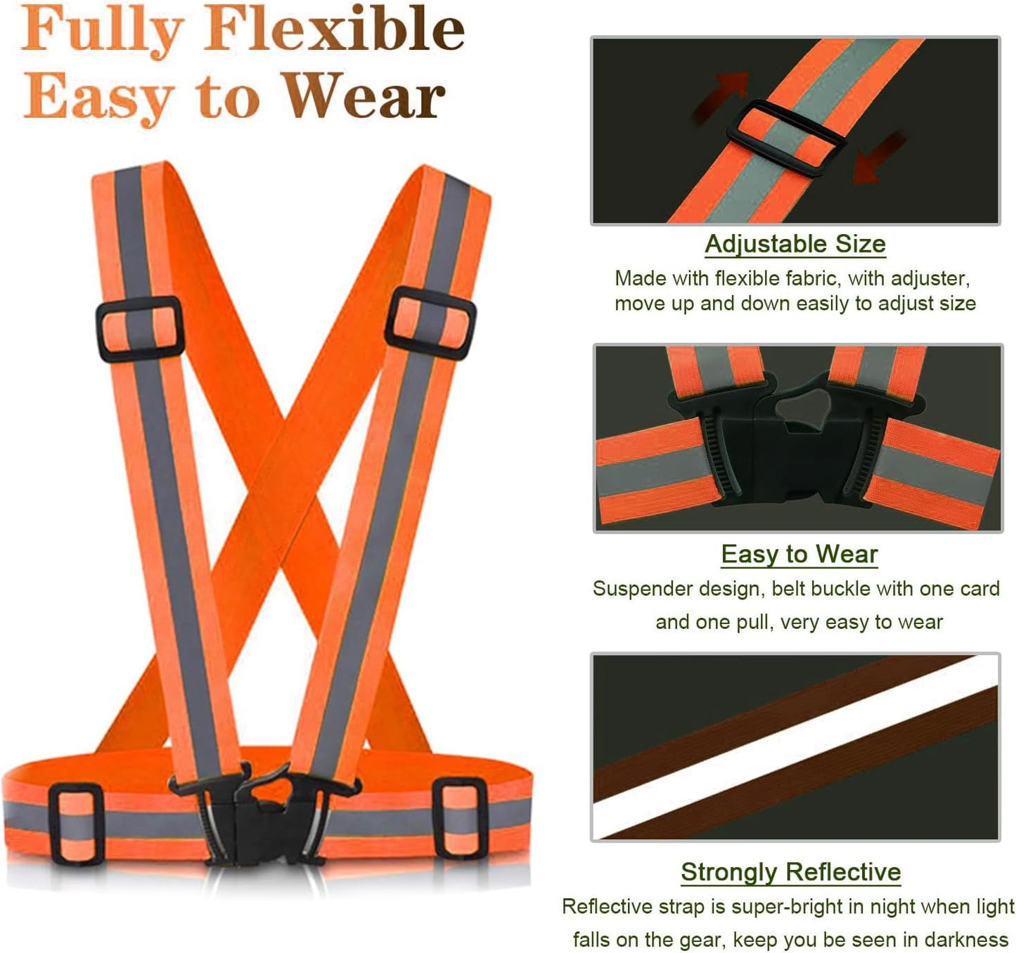 2 Pack High Visibility Reflective Safety Vests, Adjustable Running Gear for Cycling, Jogging, Walking and Night Exercise, Orange