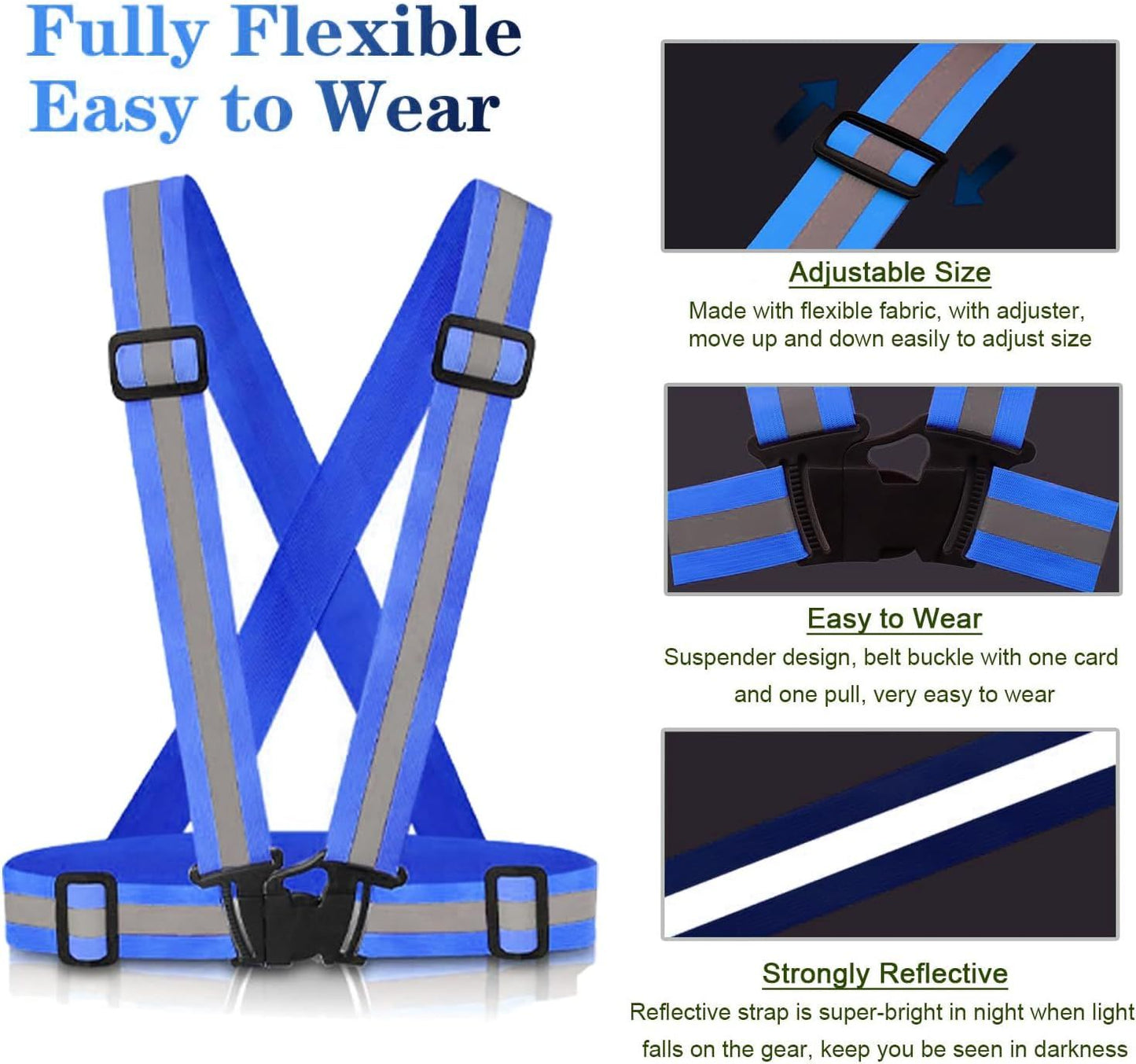 2 Pack High Visibility Reflective Safety Vests, Adjustable Running Gear for Cycling, Jogging, Walking and Night Exercise, Blue