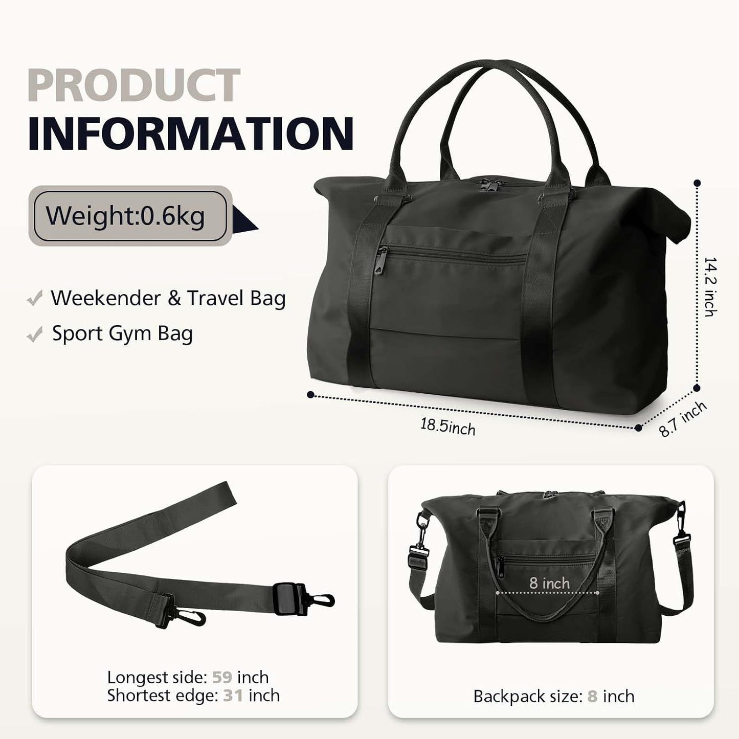 Travel Duffle Bag with Trolley Sleeve, Weekender Overnight and Gym Bag for Carry On Travel, Hospital Stays and Short Trips, Black