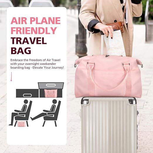 Travel Duffle Bag with Trolley Sleeve, Weekender Overnight and Gym Bag for Carry On Travel, Hospital Stays and Short Trips, Pink