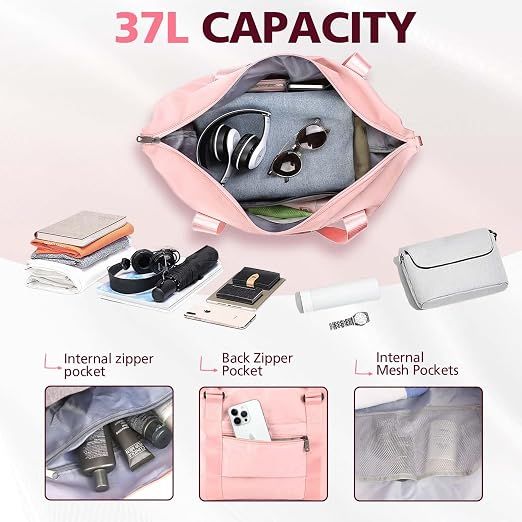 Travel Duffle Bag with Trolley Sleeve, Weekender Overnight and Gym Bag for Carry On Travel, Hospital Stays and Short Trips, Pink
