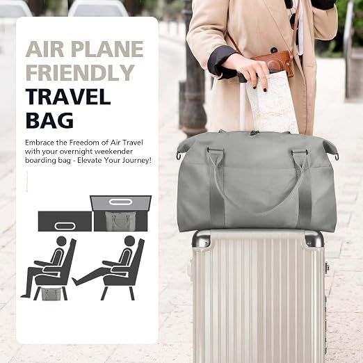 Travel Duffle Bag with Trolley Sleeve, Weekender Overnight and Gym Bag for Carry On Travel, Hospital Stays and Short Trips, Grey