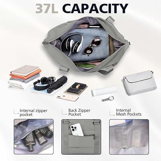 Travel Duffle Bag with Trolley Sleeve, Weekender Overnight and Gym Bag for Carry On Travel, Hospital Stays and Short Trips, Grey