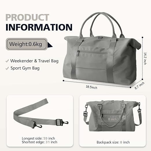 Travel Duffle Bag with Trolley Sleeve, Weekender Overnight and Gym Bag for Carry On Travel, Hospital Stays and Short Trips, Grey