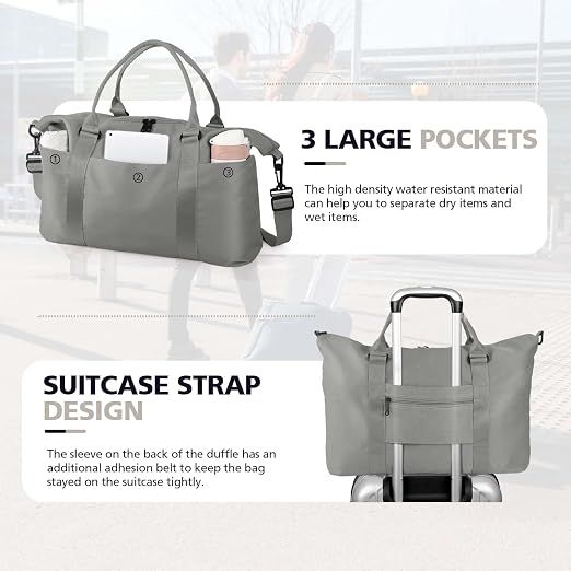Travel Duffle Bag with Trolley Sleeve, Weekender Overnight and Gym Bag for Carry On Travel, Hospital Stays and Short Trips, Grey