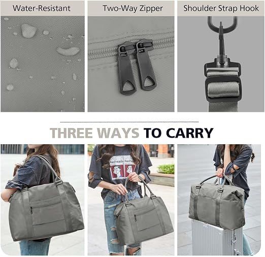 Travel Duffle Bag with Trolley Sleeve, Weekender Overnight and Gym Bag for Carry On Travel, Hospital Stays and Short Trips, Grey