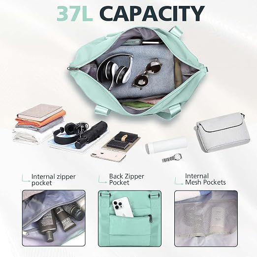 Weekender Travel Duffle Bag with Trolley Sleeve, Small Gym and Overnight Bag for Carry On Flights, Short Trips and Daily Travel, Green