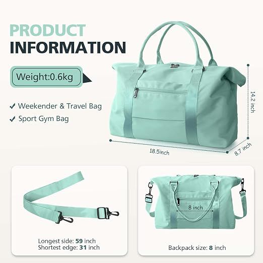 Weekender Travel Duffle Bag with Trolley Sleeve, Small Gym and Overnight Bag for Carry On Flights, Short Trips and Daily Travel, Green