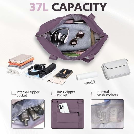 Travel Duffle Bag with Trolley Sleeve, Weekender Overnight and Gym Bag for Carry On Travel, Hospital Stays and Short Trips, Purple