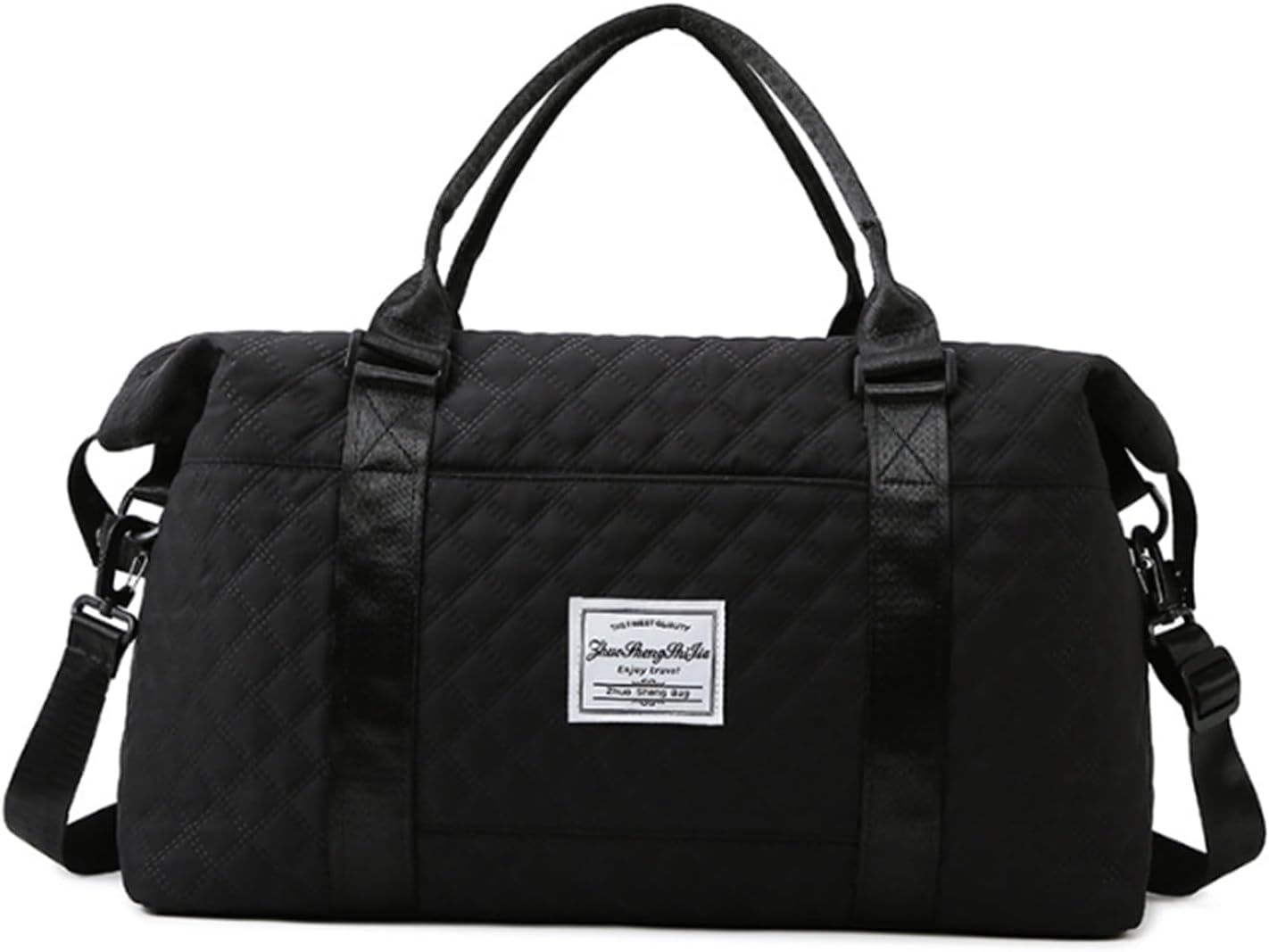 Quilted Weekend Duffle Bag, Carry On Gym and Overnight Tote with Spacious Storage for Travel, Sport, Dance, Sleepovers and Toiletries, Black