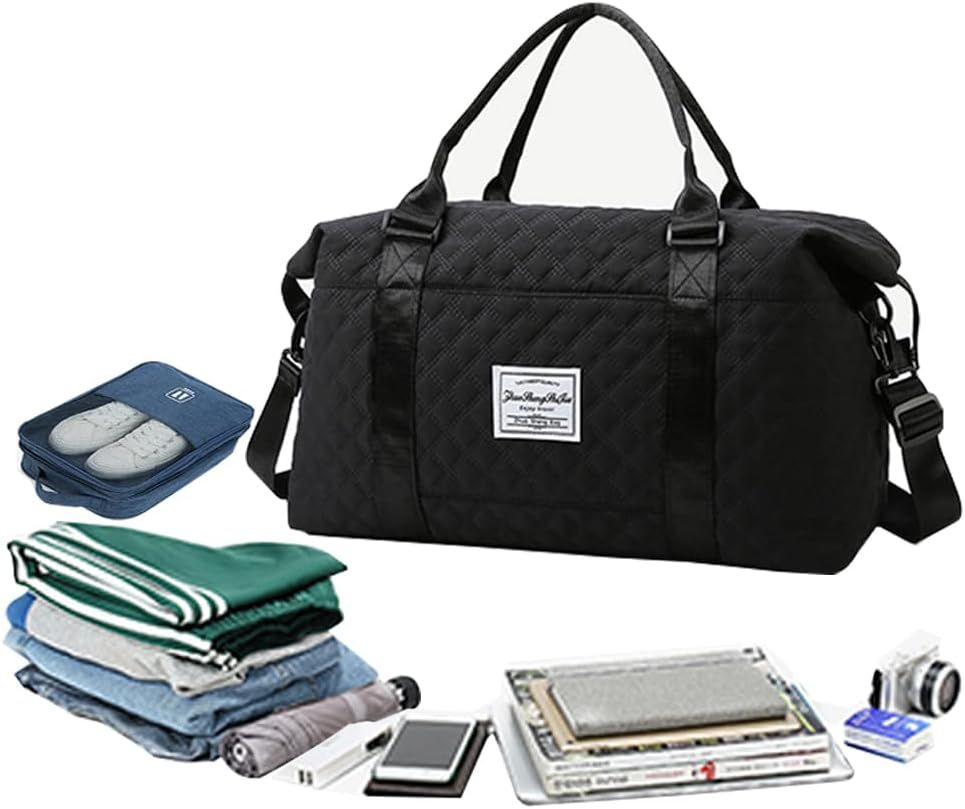 Quilted Weekend Duffle Bag, Carry On Gym and Overnight Tote with Spacious Storage for Travel, Sport, Dance, Sleepovers and Toiletries, Black