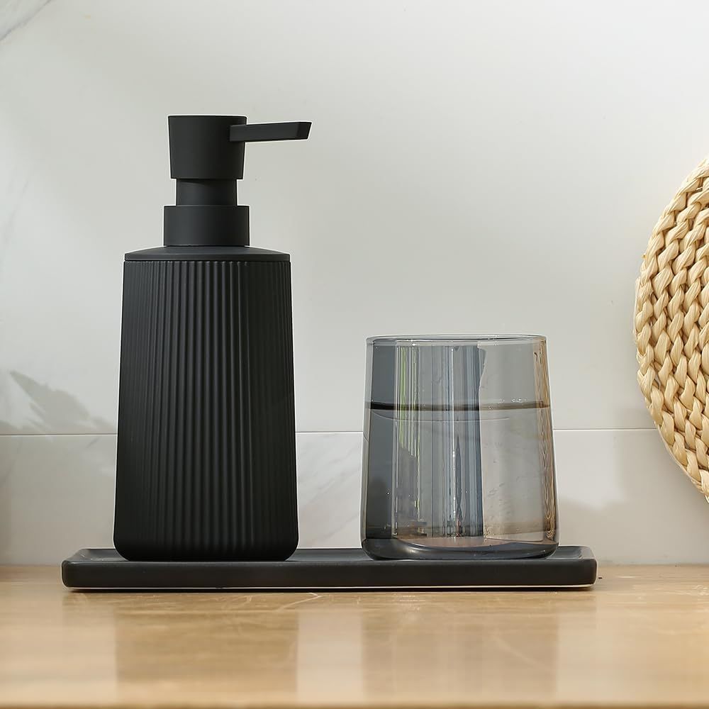 Small Soap Dispenser for Bathroom and Kitchen, Modern Farmhouse Striped Style Plastic Hand Soap Dish Soap Dispenser with Pump, Black