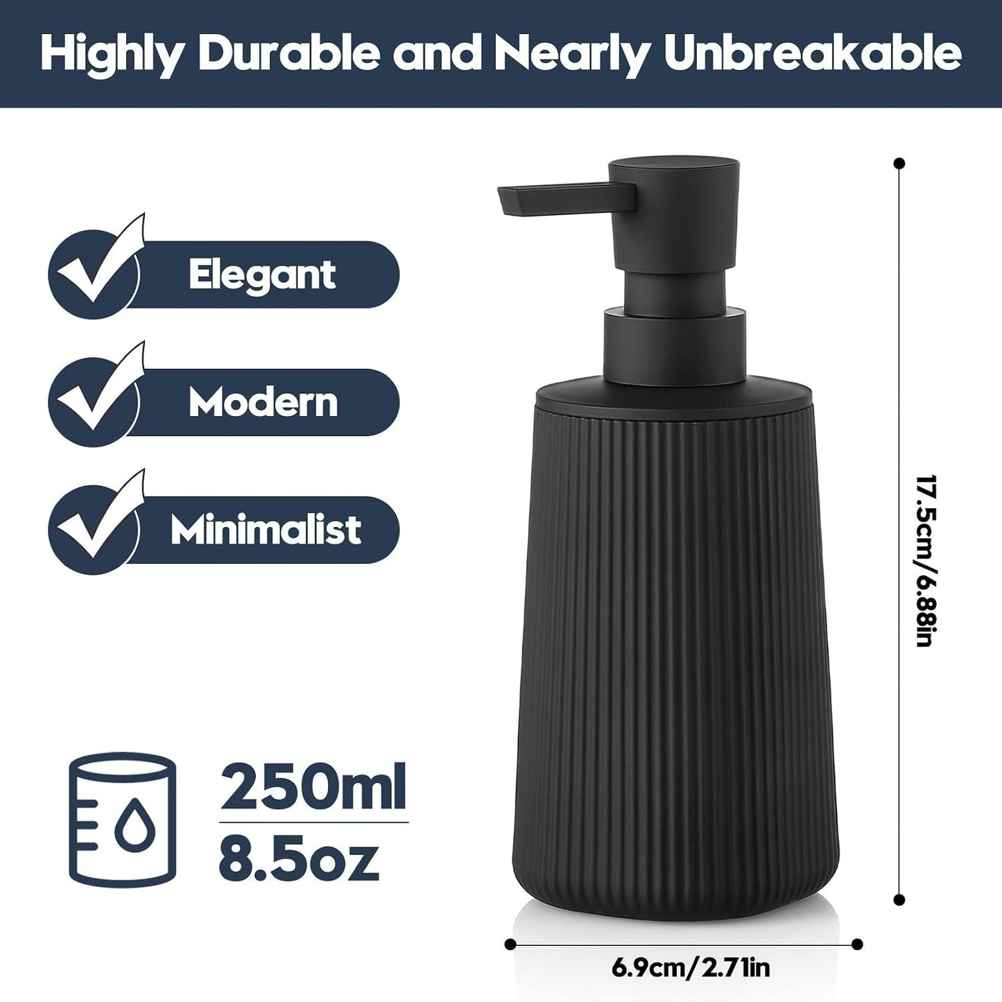 Small Soap Dispenser for Bathroom and Kitchen, Modern Farmhouse Striped Style Plastic Hand Soap Dish Soap Dispenser with Pump, Black