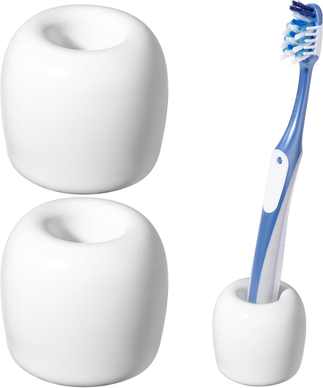 2 Pack Ceramic Toothbrush Holders, Compact Bathroom Countertop Cups for Toothbrushes, Toothpaste, Makeup Brushes and Vanity Storage, White