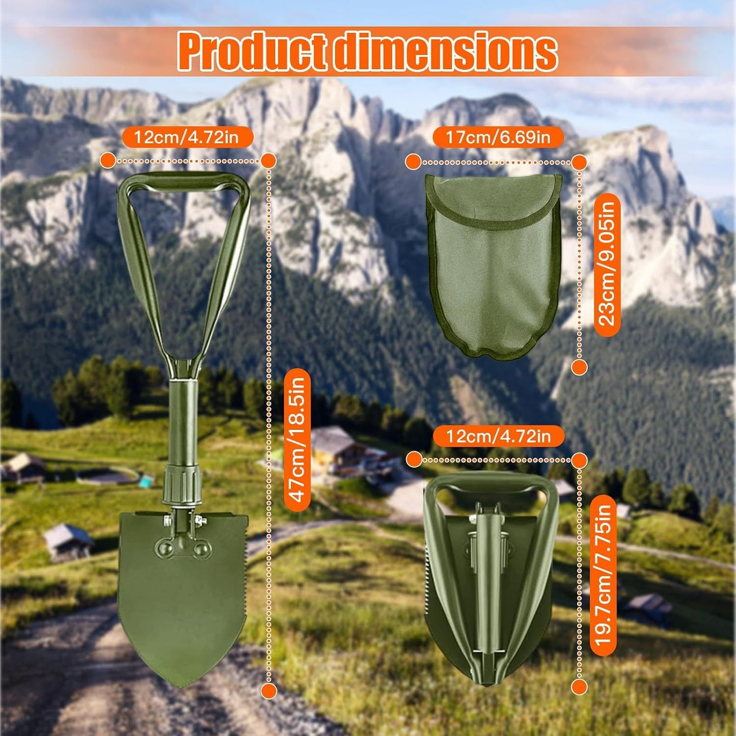 Camping Shovel, Digging Shovel Portable Ergonomic High Carbon Steel Folding Shovel for All Occasions Outdoor Camping Hiking, Green, 47 cm