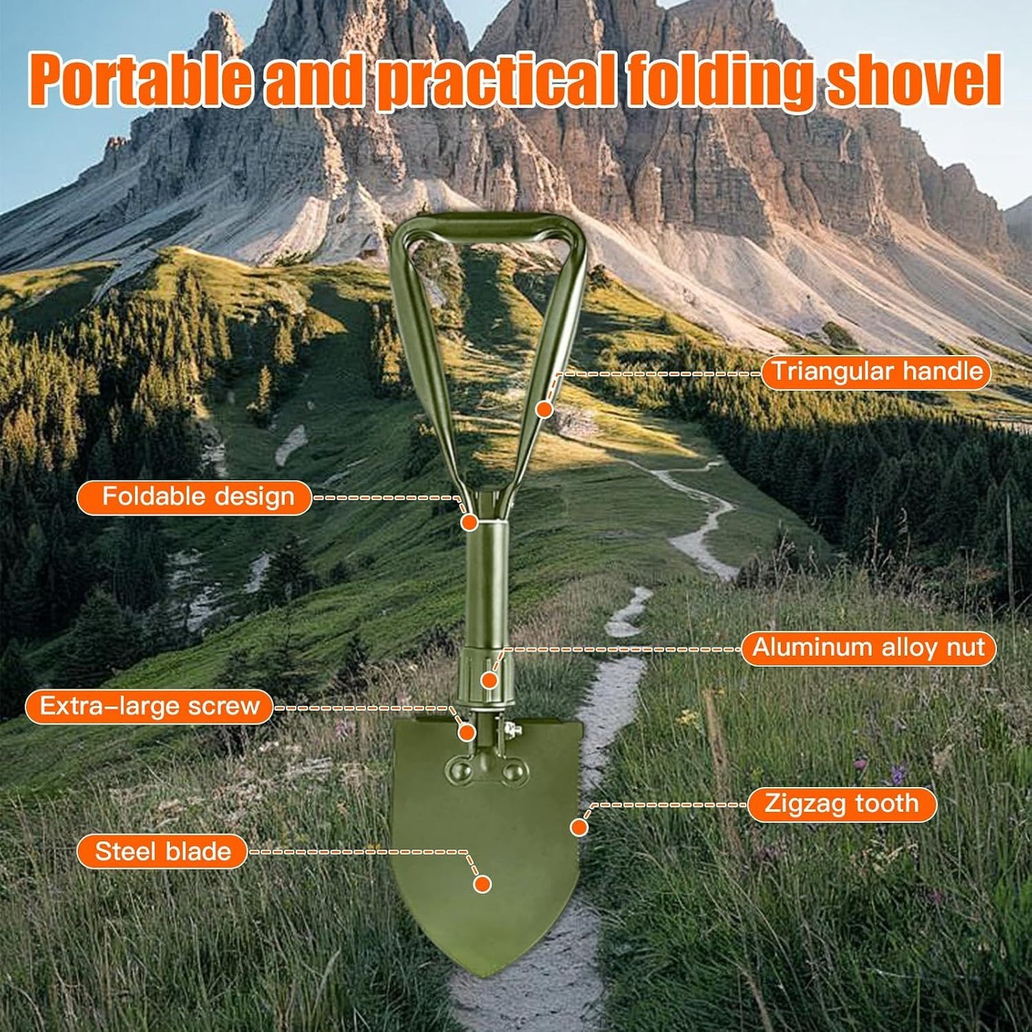 Camping Shovel, Digging Shovel Portable Ergonomic High Carbon Steel Folding Shovel for All Occasions Outdoor Camping Hiking, Green, 47 cm