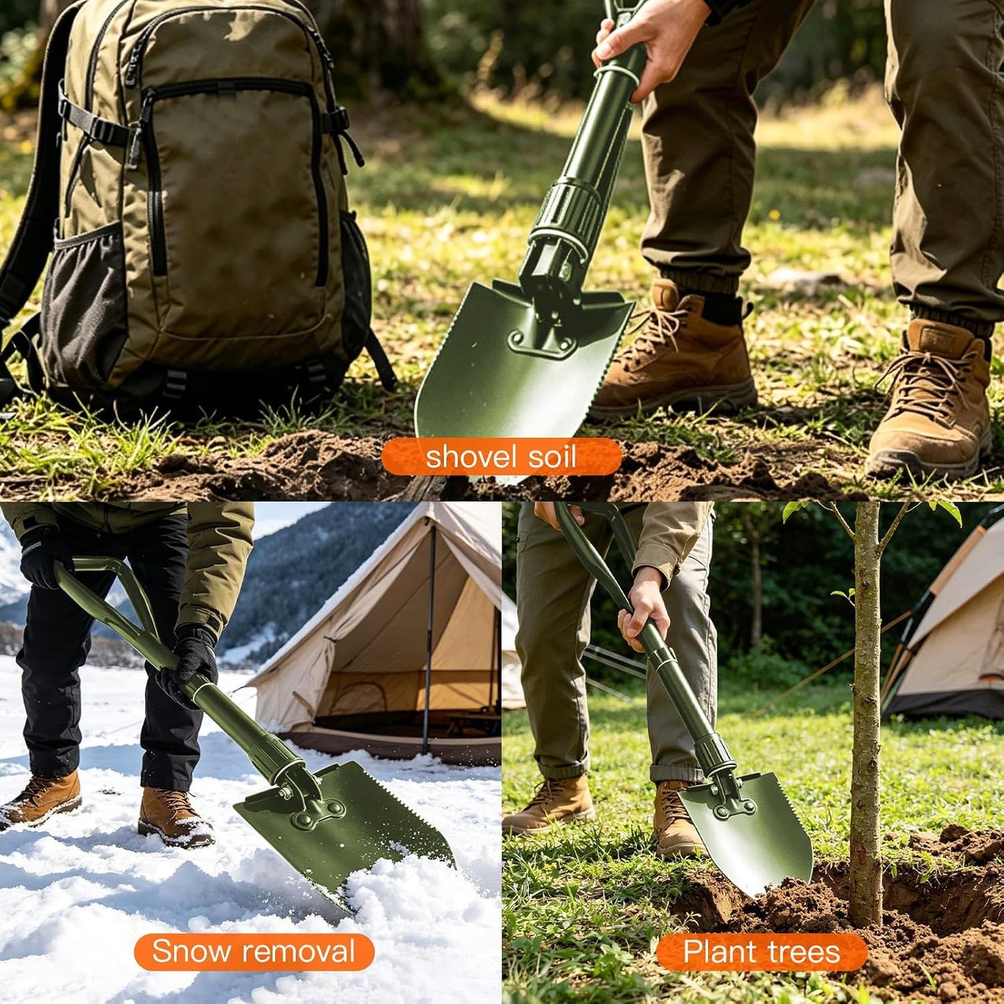 Camping Shovel, Digging Shovel Portable Ergonomic High Carbon Steel Folding Shovel for All Occasions Outdoor Camping Hiking, Green, 47 cm