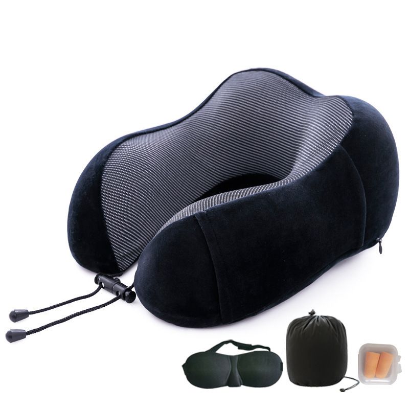 Memory Foam Travel Neck Pillow with Adjustable Buckle, Washable Cover, Eye Mask and Earplugs for Flights, Car Trips and Office Use, Black and Grey