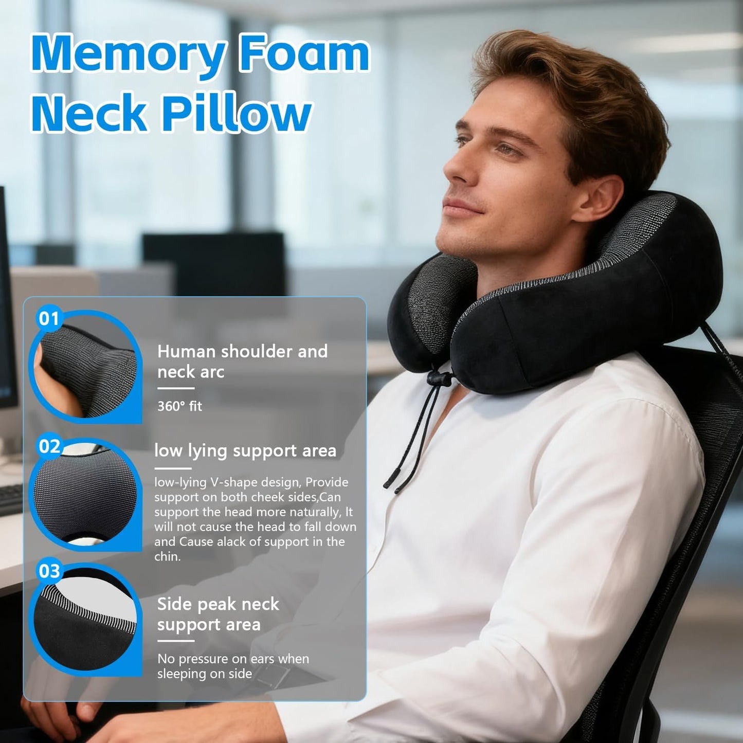 Memory Foam Travel Neck Pillow with Adjustable Buckle, Washable Cover, Eye Mask and Earplugs for Flights, Car Trips and Office Use, Black and Grey