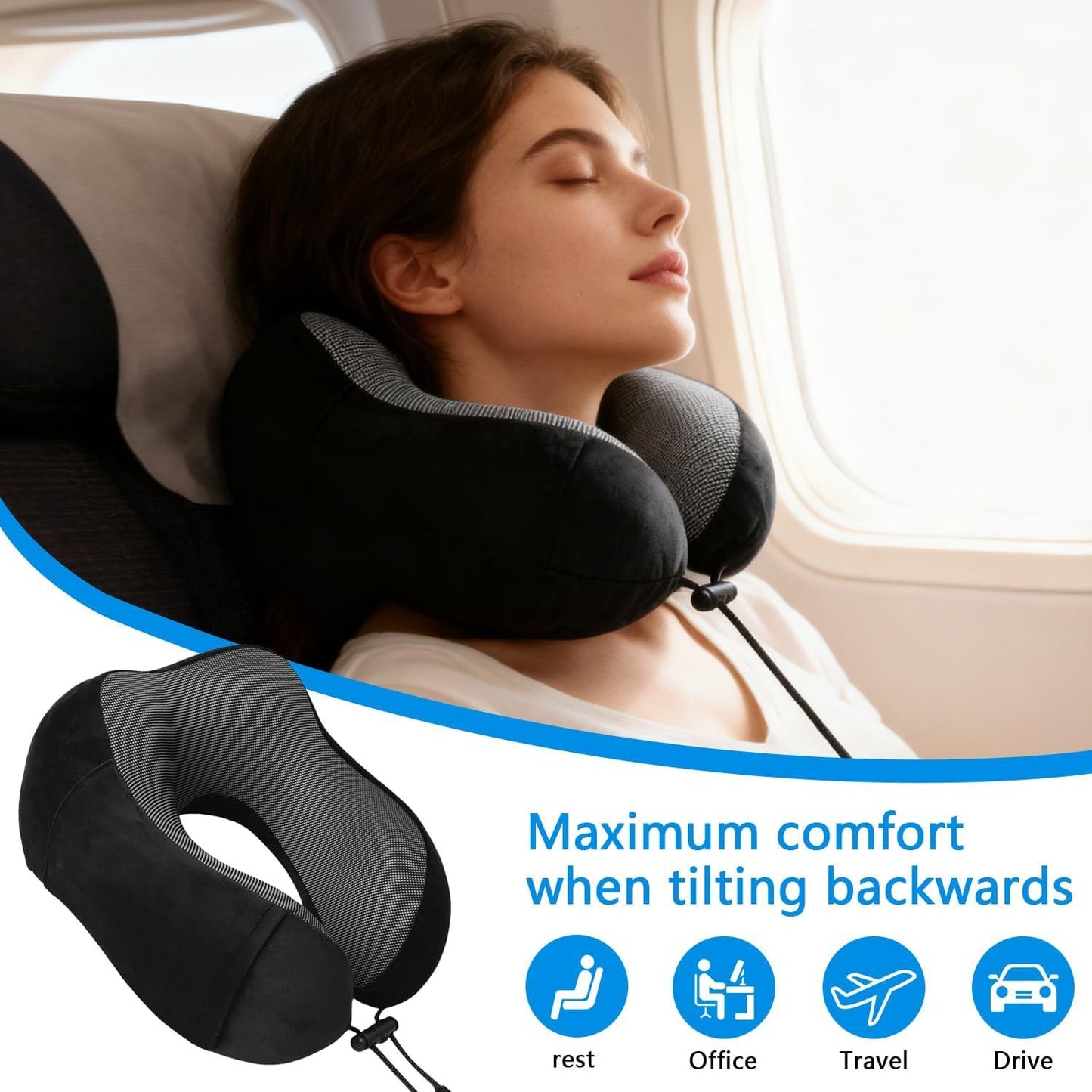 Memory Foam Travel Neck Pillow with Adjustable Buckle, Washable Cover, Eye Mask and Earplugs for Flights, Car Trips and Office Use, Black and Grey