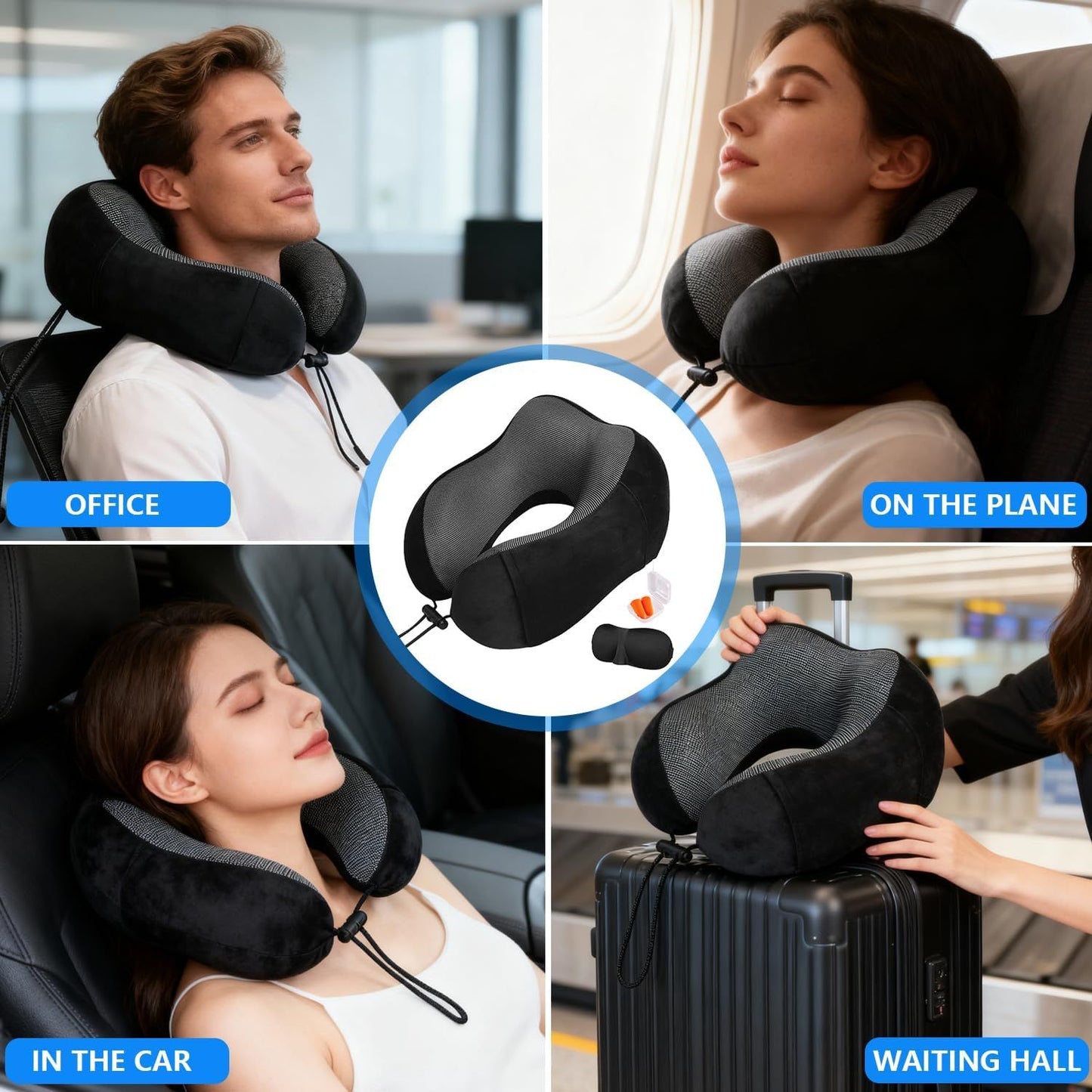 Memory Foam Travel Neck Pillow with Adjustable Buckle, Washable Cover, Eye Mask and Earplugs for Flights, Car Trips and Office Use, Black and Grey