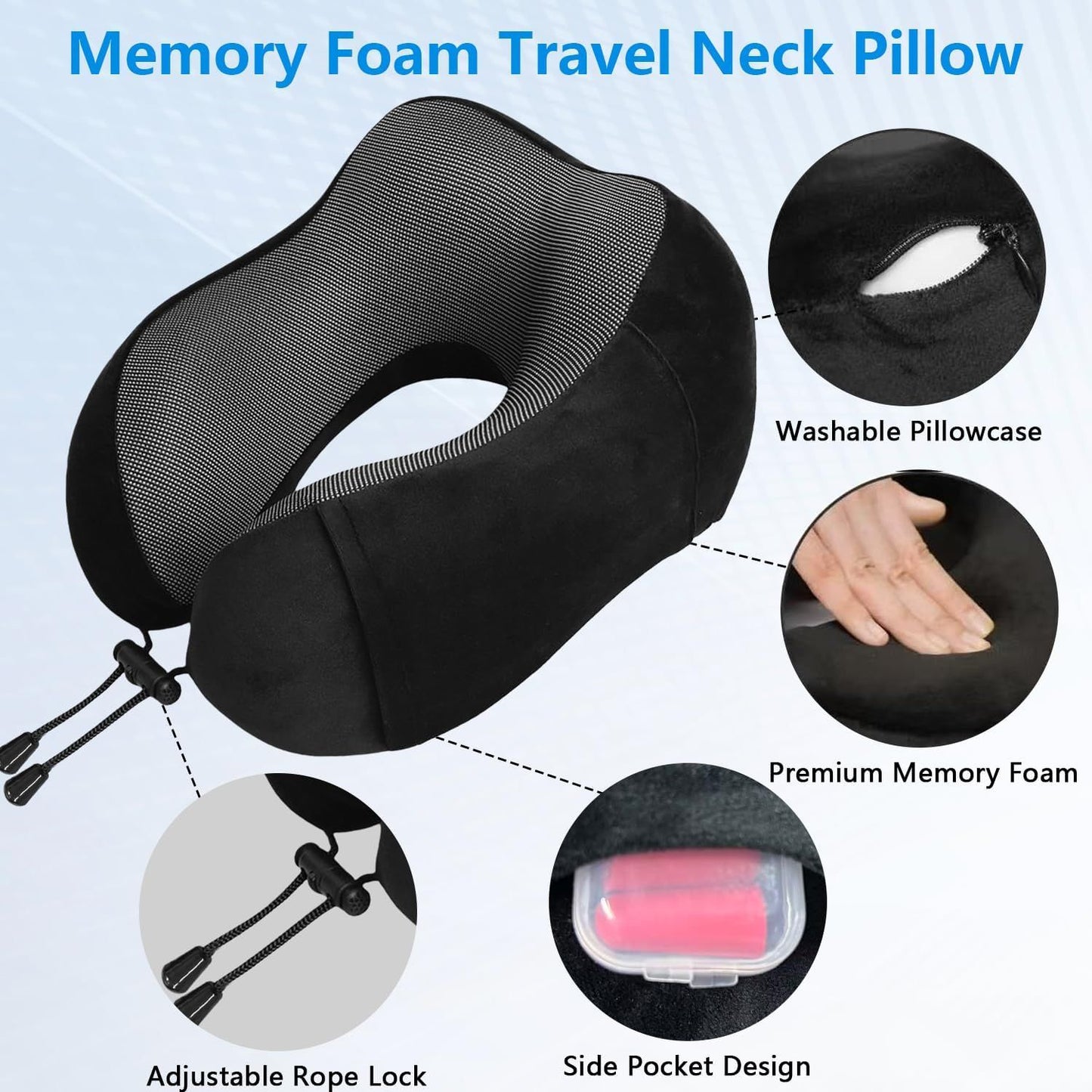 Memory Foam Travel Neck Pillow with Adjustable Buckle, Washable Cover, Eye Mask and Earplugs for Flights, Car Trips and Office Use, Black and Grey