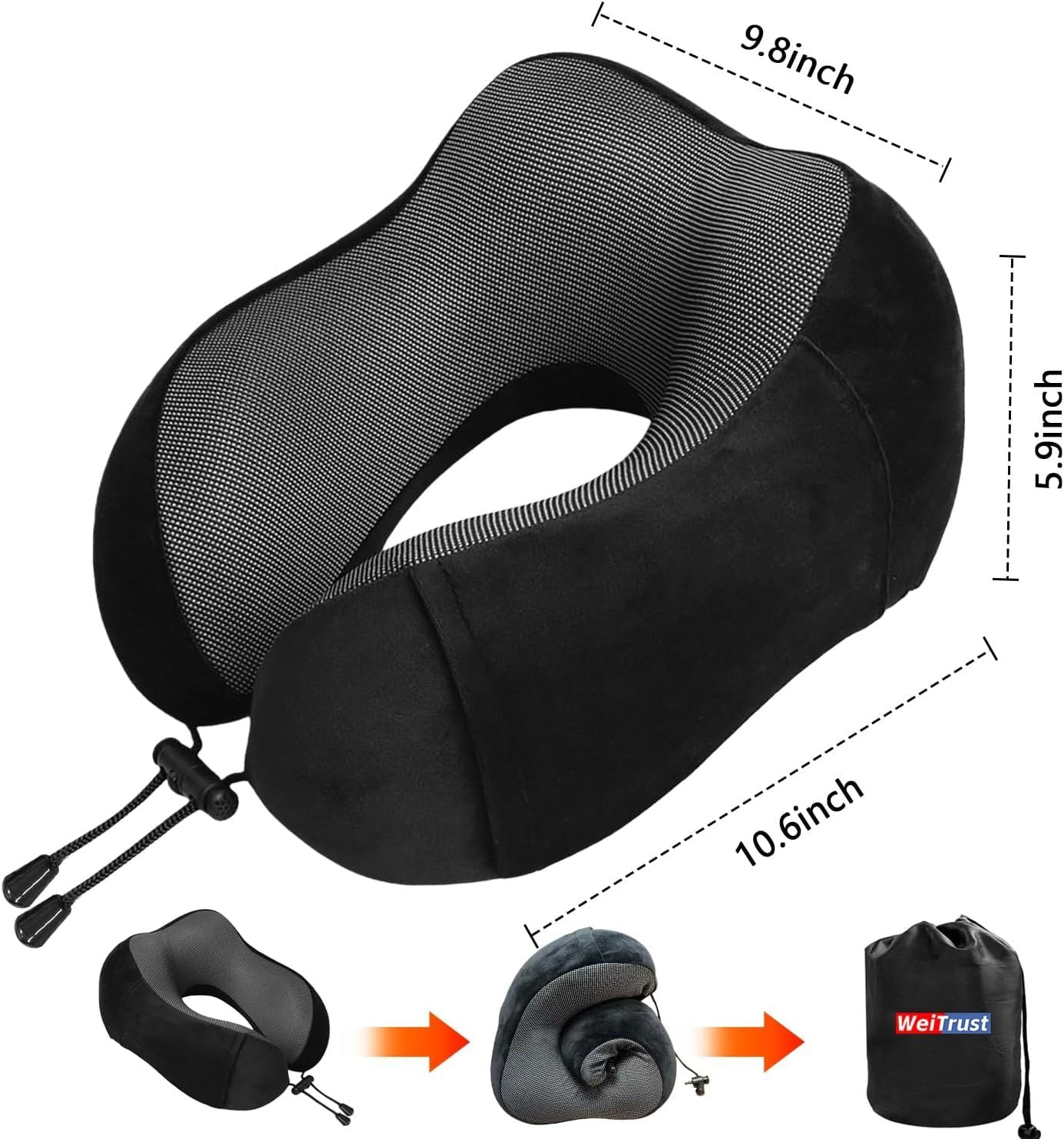Memory Foam Travel Neck Pillow with Adjustable Buckle, Washable Cover, Eye Mask and Earplugs for Flights, Car Trips and Office Use, Black and Grey