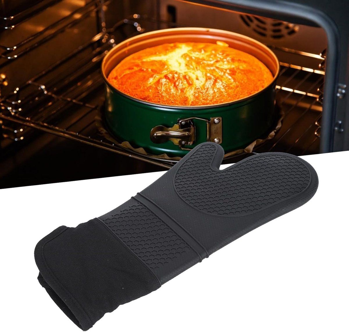 2 Pack, Heat-resistant silicone oven mitts, Non-slip angled design, Soft cotton lining, Flexible and durable, for cooking, Black