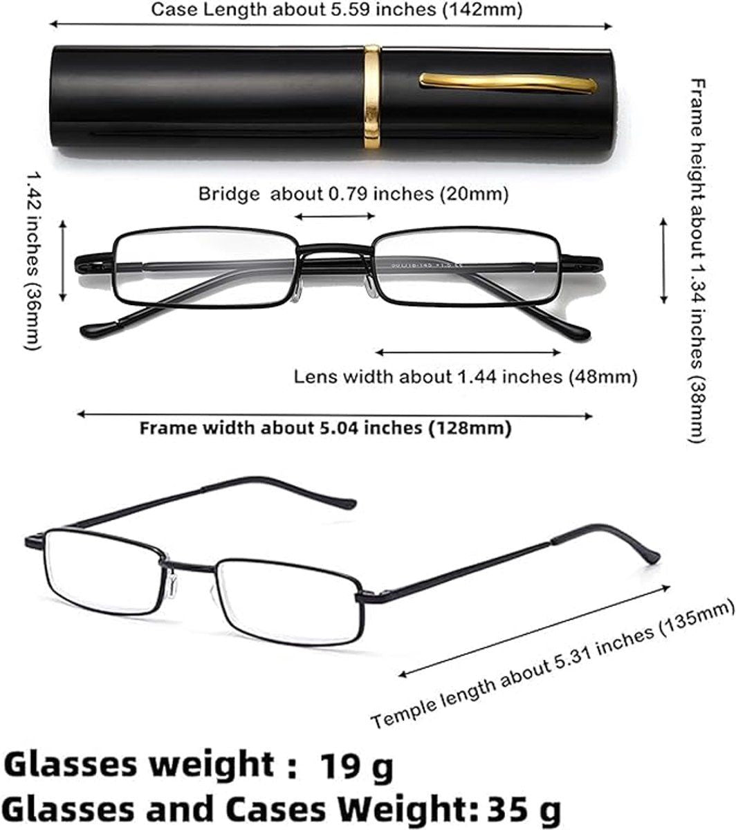 2 Pack, Ultra-Thin Metal Reading Glasses with Portable Carrying Case, Blue Light Blocking Lenses for Women and Men, 2.0 Diopters, Black and Blue