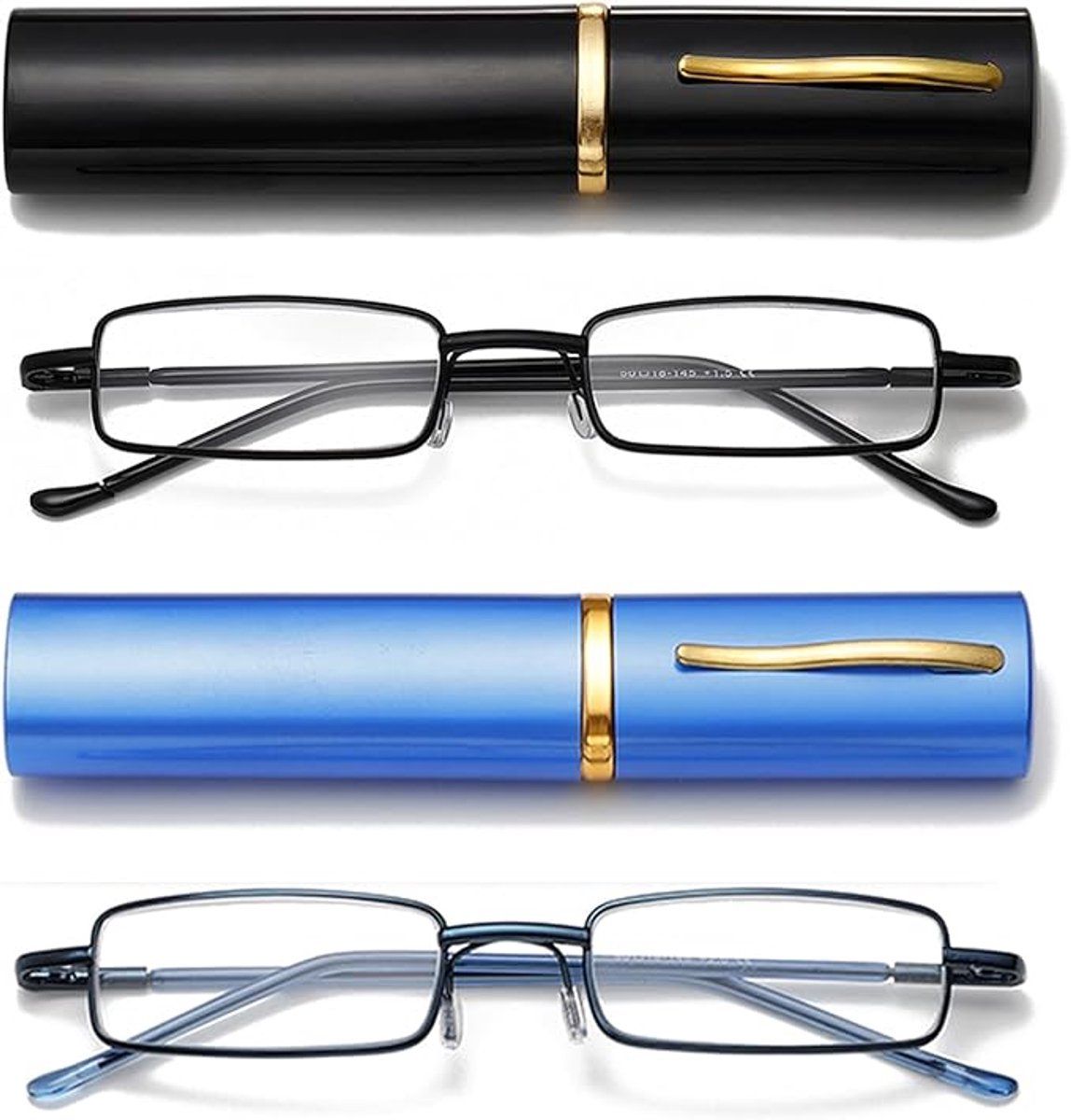 2 Pack, Ultra-Thin Metal Reading Glasses with Portable Carrying Case, Blue Light Blocking Lenses for Women and Men, 2.0 Diopters, Black and Blue