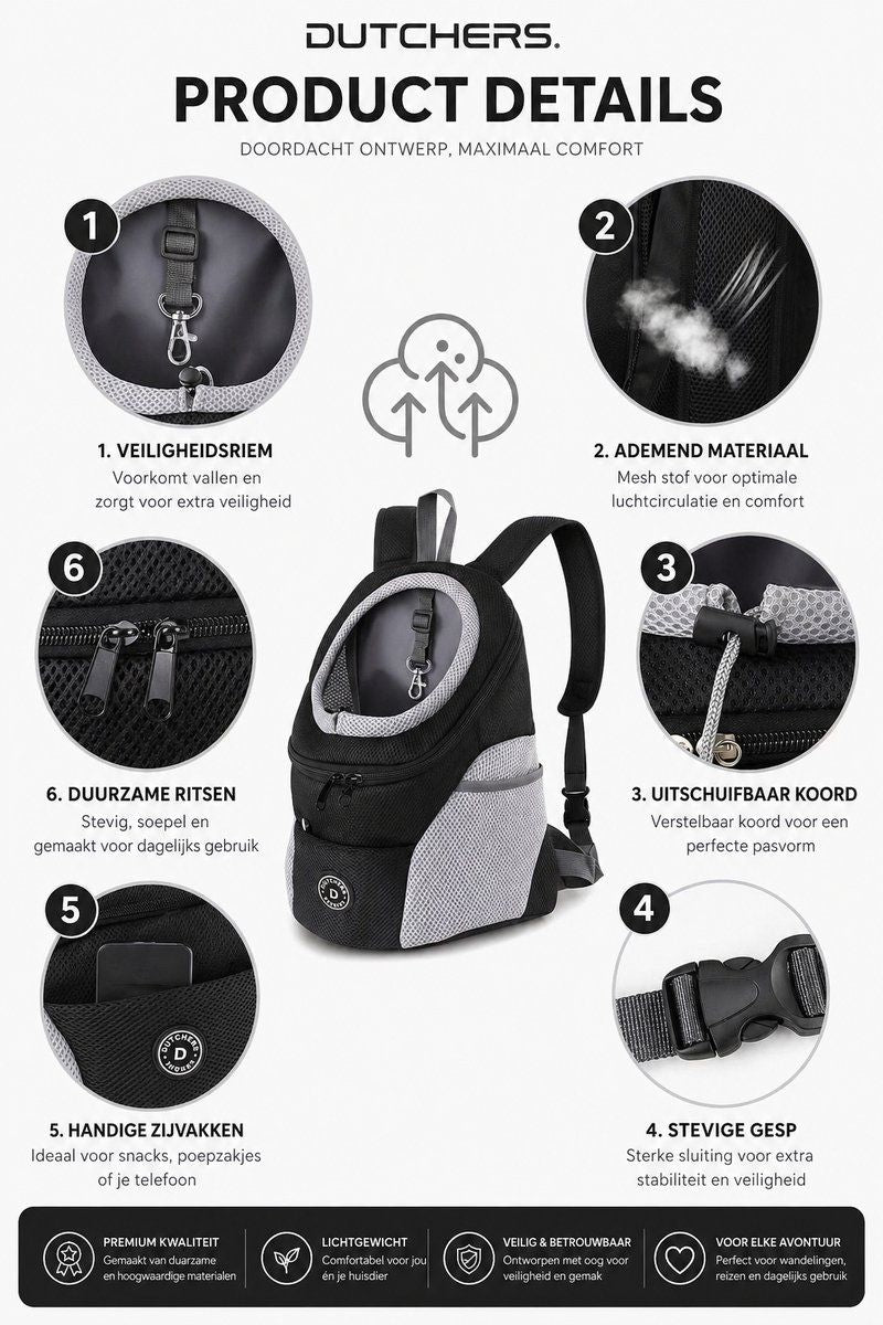 Pet Carrier Backpack with Breathable Mesh Panels, Safety Strap and Adjustable Shoulder Straps for Small Dogs and Cats, Black, Size L