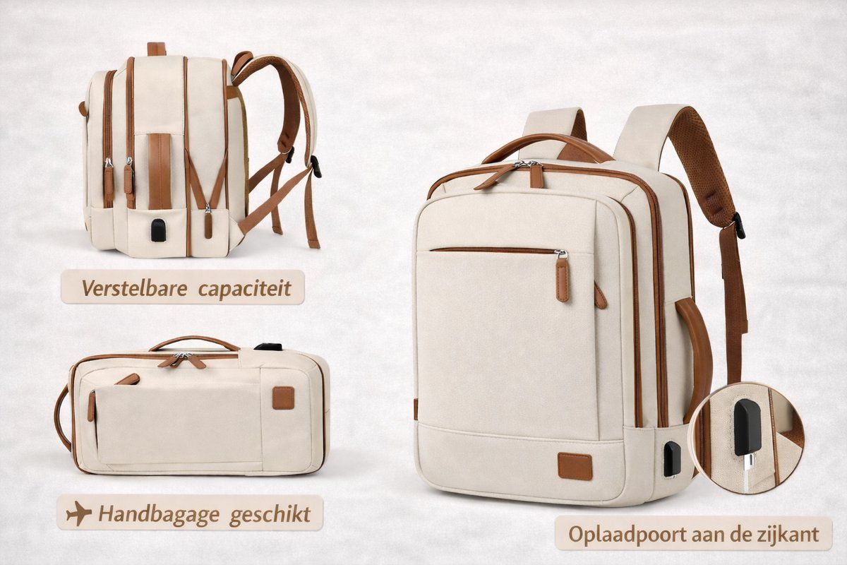 Women's Laptop Bag, 24L, Travel Bag, With charging port, Laptop compartment, Lockable drying compartment, Laptop backpack, Beige