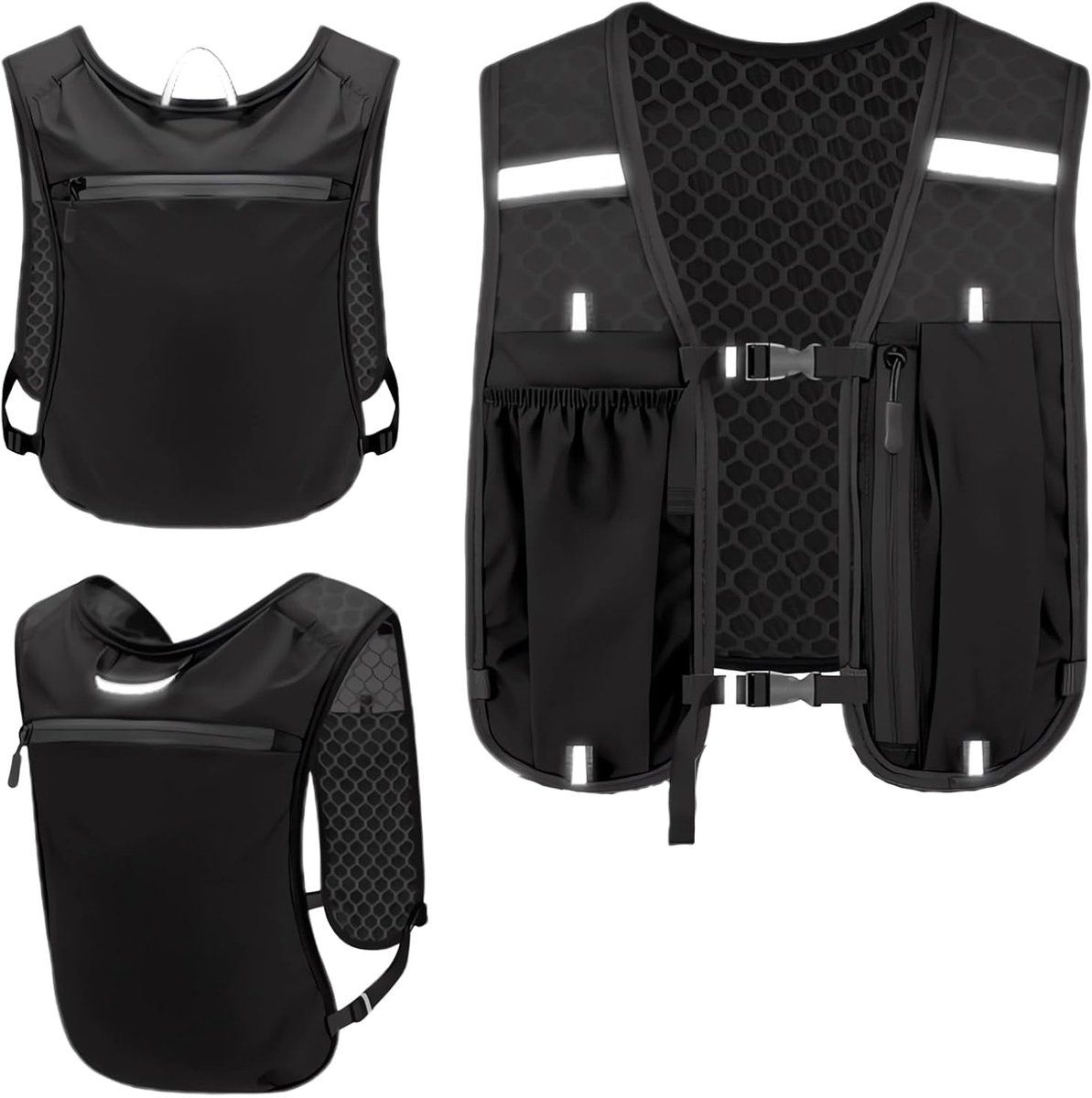 Lightweight Running Hydration Vest with Phone Holder, Multiple Pockets and Reflective Stripes for Cycling, Hiking and Horse Riding, Black