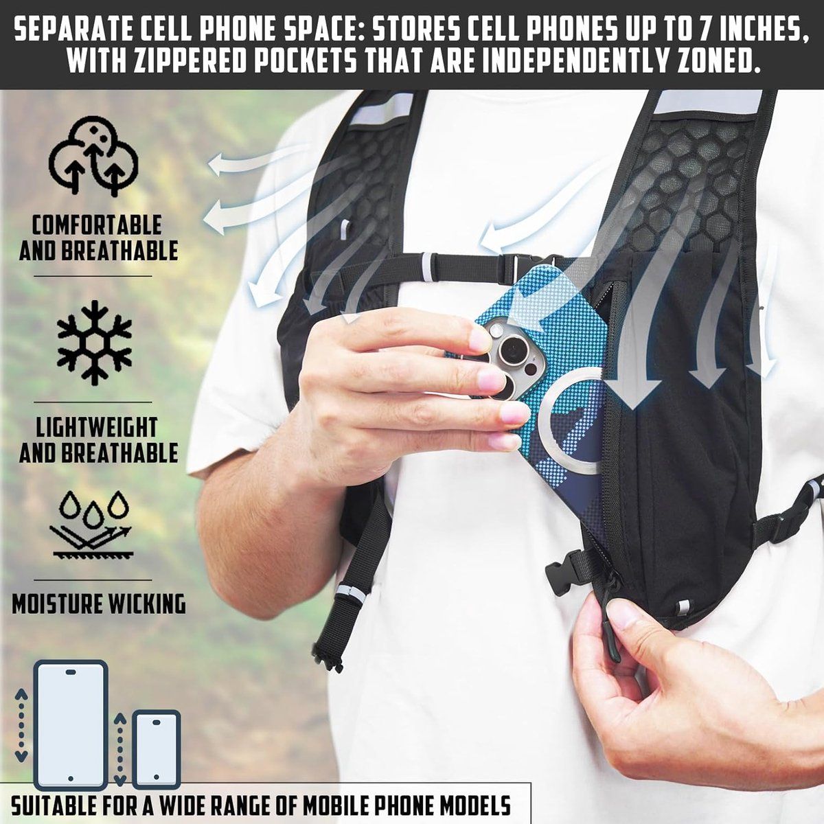Lightweight Running Hydration Vest with Phone Holder, Multiple Pockets and Reflective Stripes for Cycling, Hiking and Horse Riding, Black