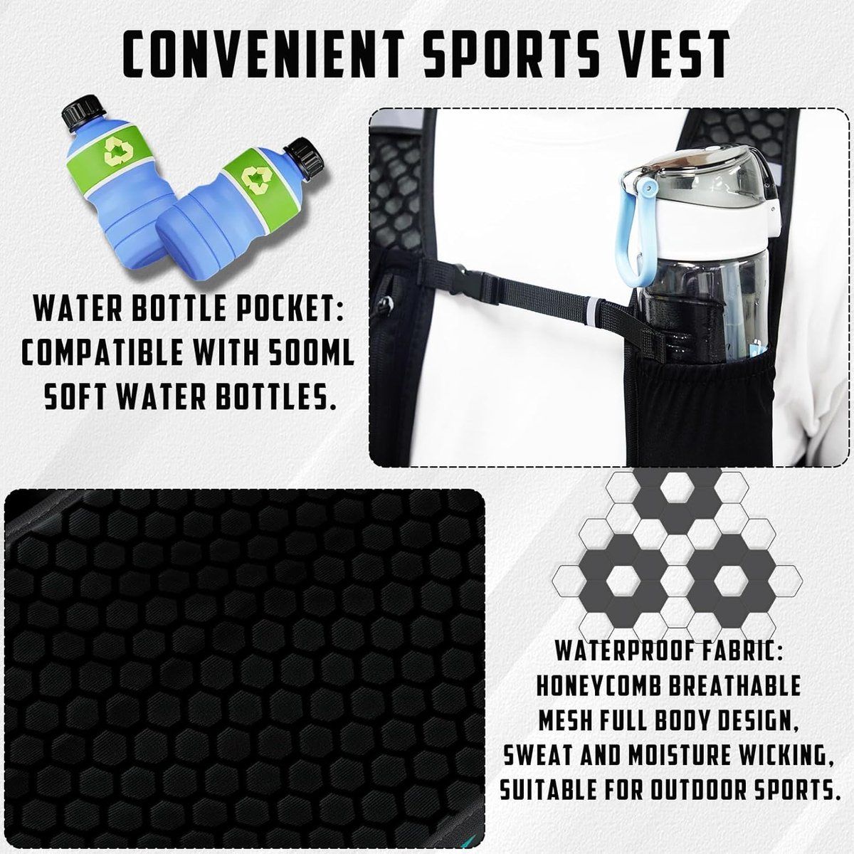 Lightweight Running Hydration Vest with Phone Holder, Multiple Pockets and Reflective Stripes for Cycling, Hiking and Horse Riding, Black