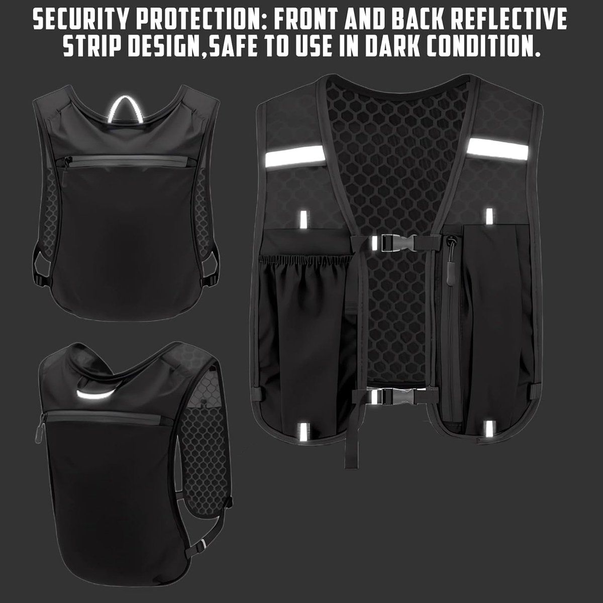 Lightweight Running Hydration Vest with Phone Holder, Multiple Pockets and Reflective Stripes for Cycling, Hiking and Horse Riding, Black