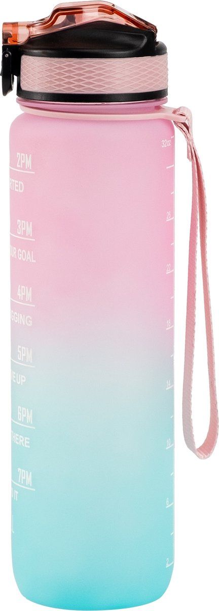Motivation Water Bottle with Straw and Time Markings, BPA-Free Drinking Bottle for Adults and Children, Pink and Blue, 1 L