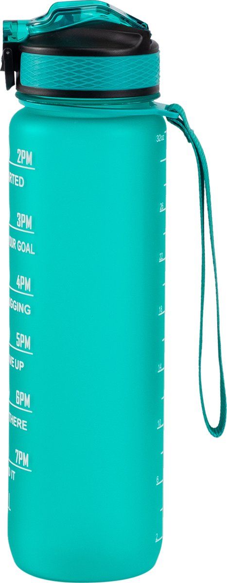 Motivation Water Bottle Turquoise, 1 Liter Drinking Bottle, Water Bottle with Straw, Water Bottle with Time Marking, BPA Free, Adults, Children