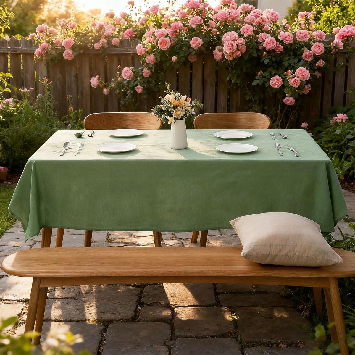 Washable Garden Tablecloth, Linen Look, 90 x 140 cm, Weatherproof, Rectangular, For Outdoors, Dining Table, Birthday, Party, Beer Table, Green