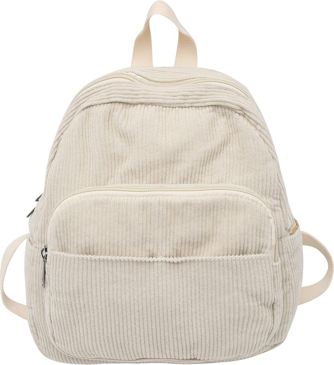 Small Corduroy Backpack for Women and Men, Lightweight Casual Daypack with Storage Pockets for School, Work and Travel, Beige