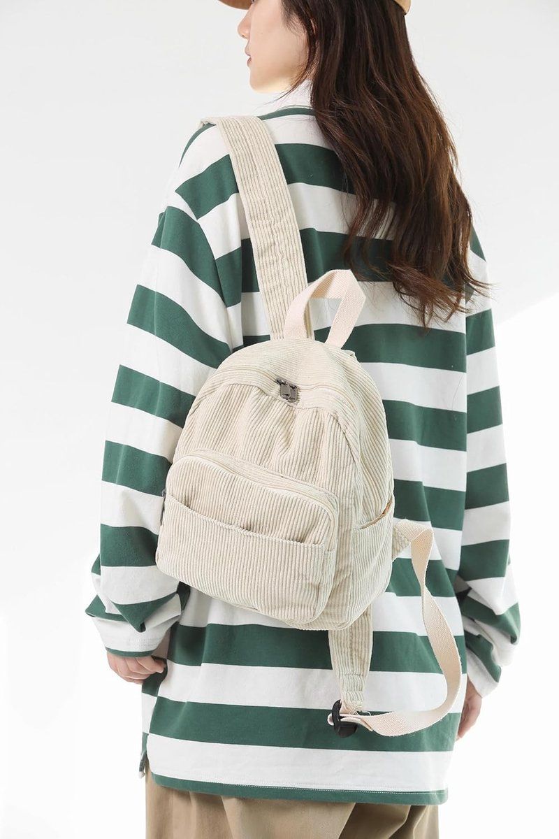 Small Corduroy Backpack for Women and Men, Lightweight Casual Daypack with Storage Pockets for School, Work and Travel, Beige