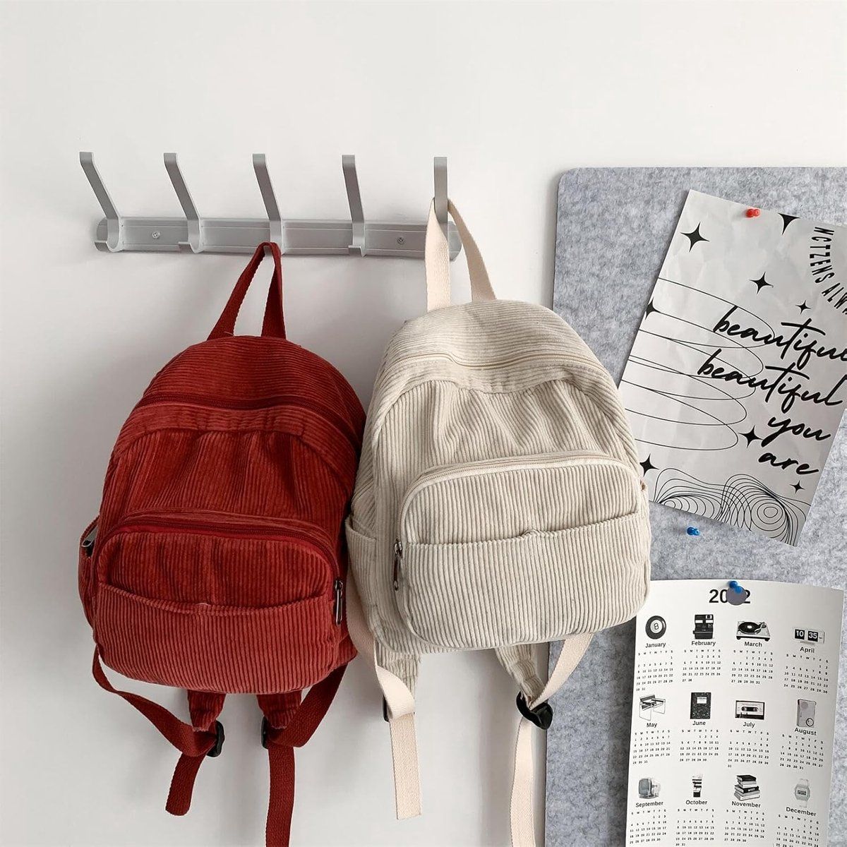 Small Corduroy Backpack for Women and Men, Lightweight Casual Daypack with Storage Pockets for School, Work and Travel, Beige