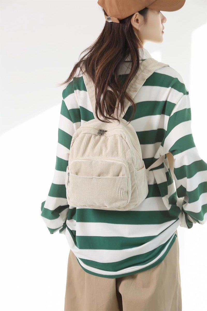 Small Corduroy Backpack for Women and Men, Lightweight Casual Daypack with Storage Pockets for School, Work and Travel, Beige