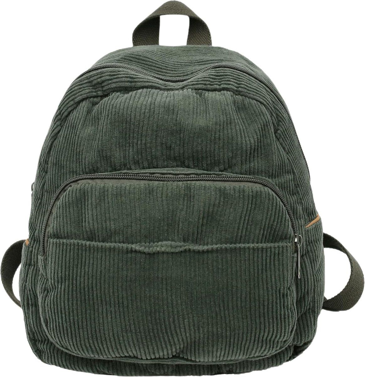 Small Corduroy Backpack for Women and Men, Lightweight Casual Daypack with Storage Pockets for School, Work and Travel, Green