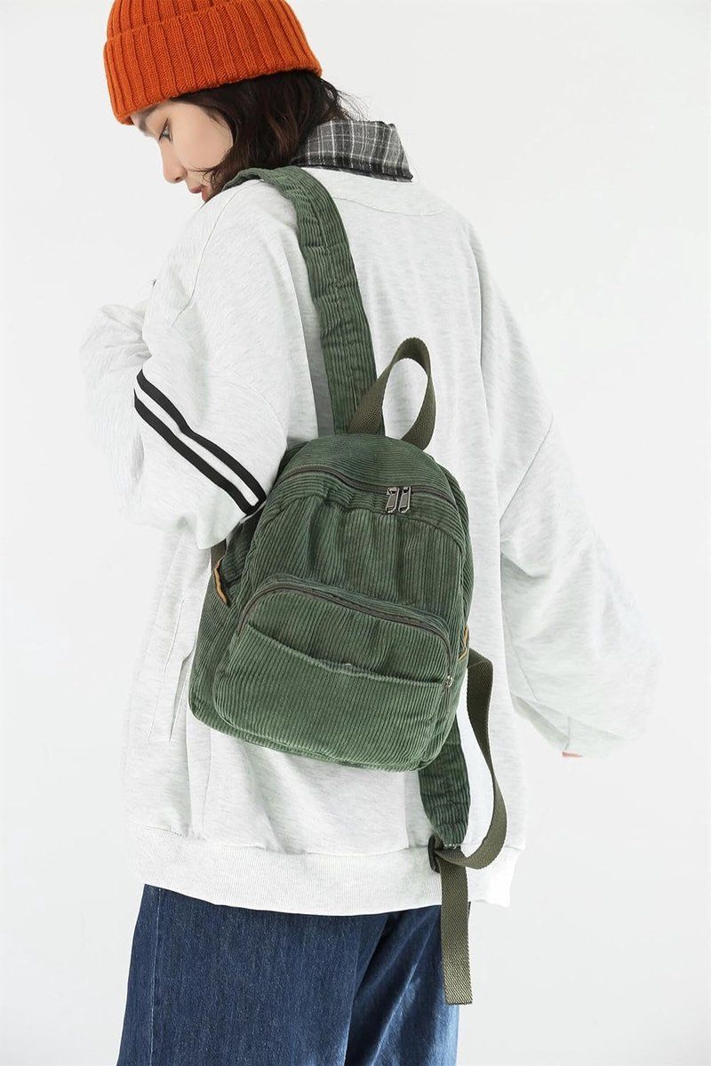 Small Corduroy Backpack for Women and Men, Lightweight Casual Daypack with Storage Pockets for School, Work and Travel, Green
