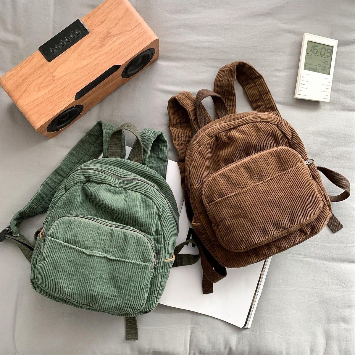 Small Corduroy Backpack for Women and Men, Lightweight Casual Daypack with Storage Pockets for School, Work and Travel, Green