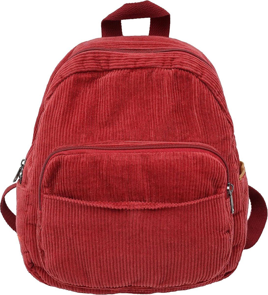 Small Corduroy Backpack for Women and Men, Lightweight Casual Daypack with Storage Pockets for School, Work and Travel, Red