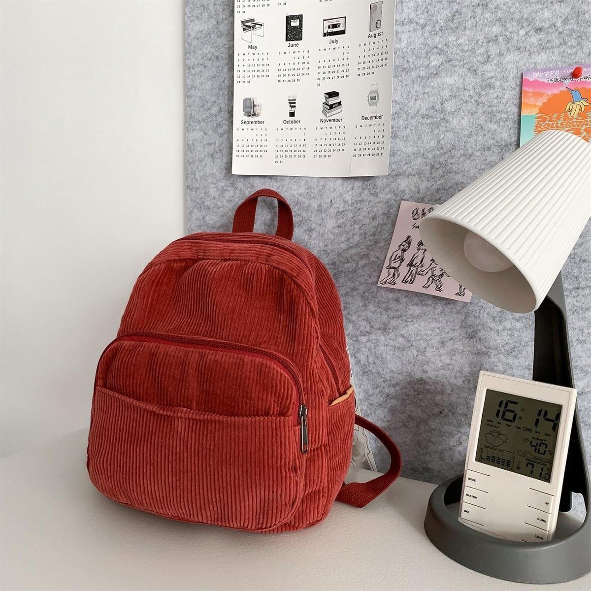 Small Corduroy Backpack for Women and Men, Lightweight Casual Daypack with Storage Pockets for School, Work and Travel, Red